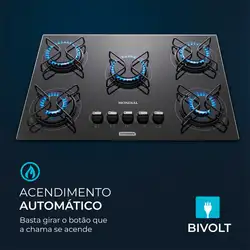 Cooktop a Gás 5 Bocas Mondial CTG-02 COOKTOP A GÁS-BIV-PRETO/PRATA