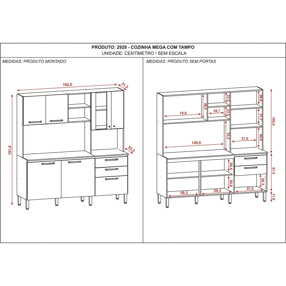 Kit Cozinha 1.82M 7 Portas 2 Gavetas Mega Nog/Off/Ripado 8930 15/15MM A191XL182XP53 90KG Kits