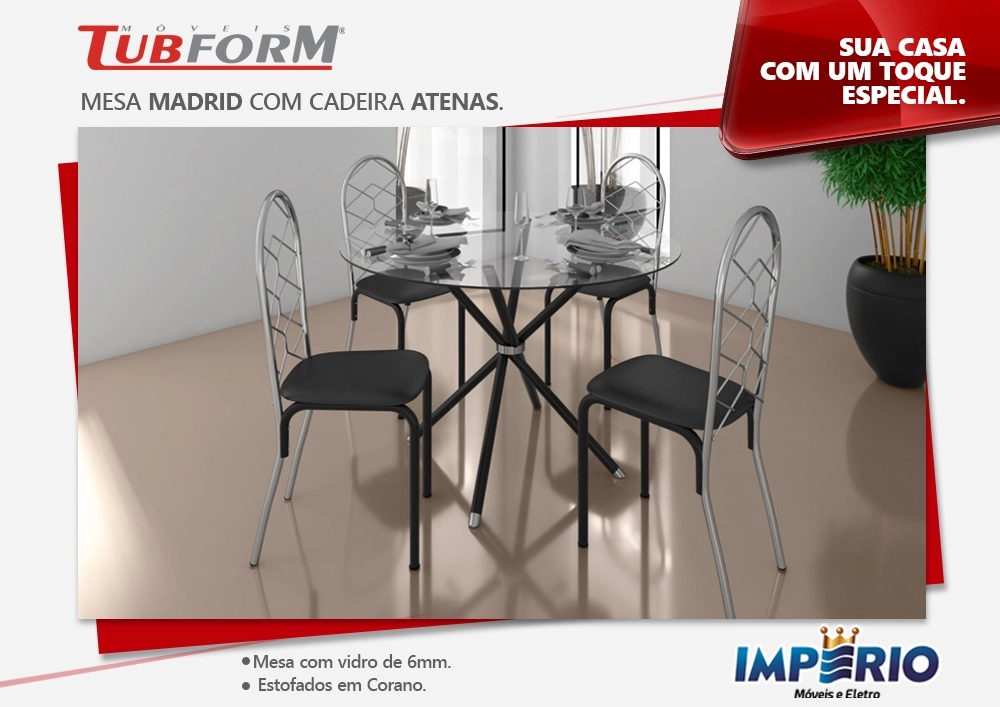 Conjunto Mesa 4 Cadeiras Redonda 0.90 CM Cromo/Preto Madrid/Atena Vidro 6MM Tubform