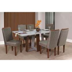 Sala Jantar 6 Cadeiras Retangular 160X90 Lais C/Vidro Naturale/Off Tec Pienza Bege MDF São Carlos