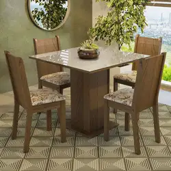 Conjunto Sala de Jantar Mesa Tampo de Vidro 4 Cadeiras Rustic/Crema/Lírio Bege Perla Madesa Cor:Rustic/Crema/Lírio Bege