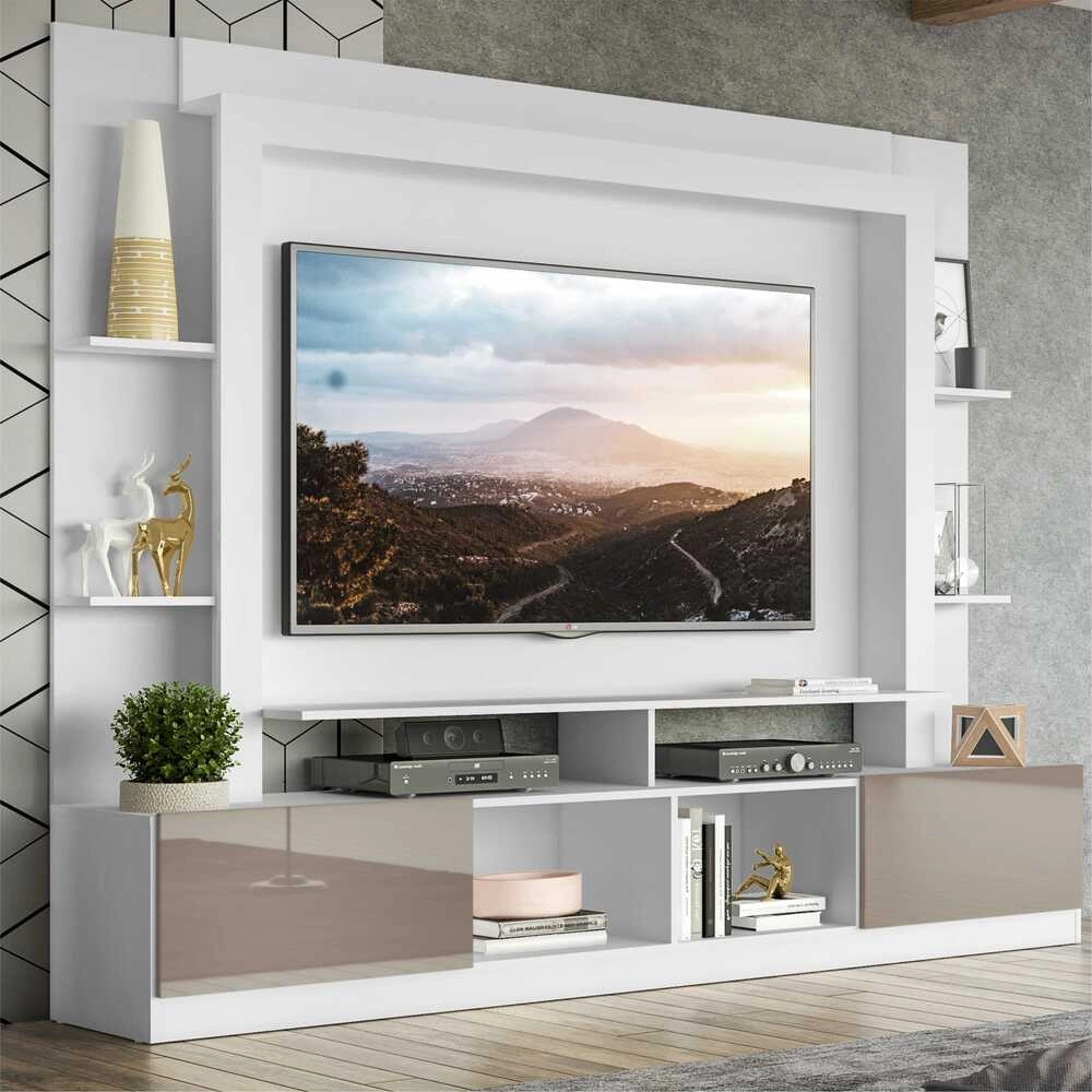 Rack Estante com Painel TV 65" e 2 portas Oslo Multimóveis Branco/Lacca Fumê