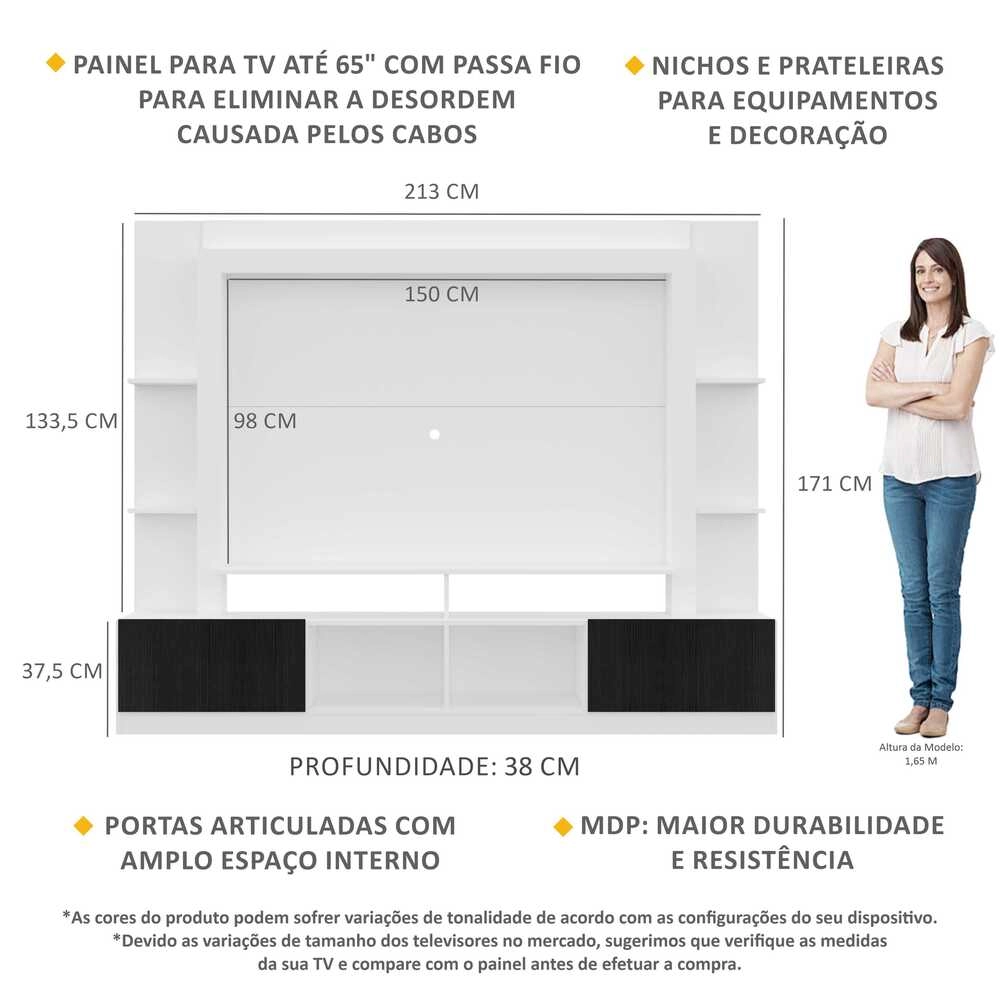 Rack Estante com Painel TV 65" e 2 portas Oslo Multimóveis Branco/Preto