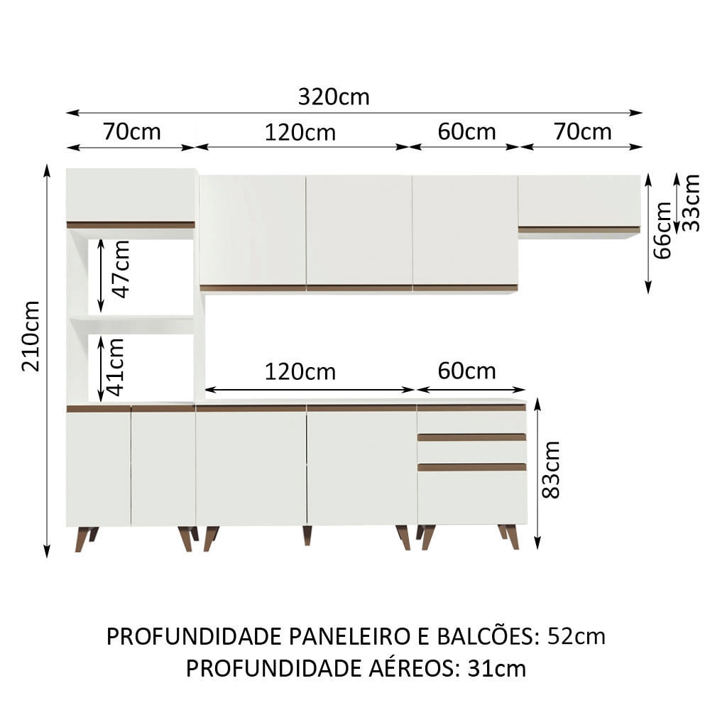 Cozinha Completa Madesa Reims 320001 com Armário e Balcão Branco Cor:Branco