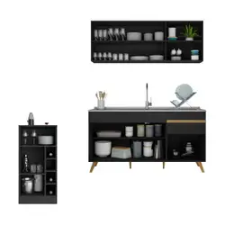 Armário de Cozinha Compacta com Bancada Americana Veneza Multimóveis MP2200 Preto/Dourado