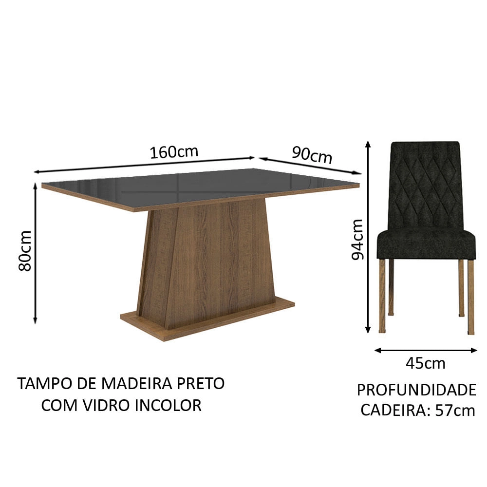 Conjunto Sala de Jantar Mesa Tampo de Vidro 6 Cadeiras Rustic/Preto/Oxford Stéfani Madesa Cor:Rustic/Preto/Oxford