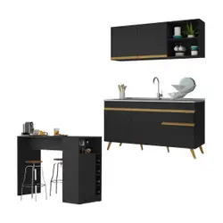 Armário de Cozinha Compacta com Bancada Americana Veneza Multimóveis MP2200 Preto/Dourado