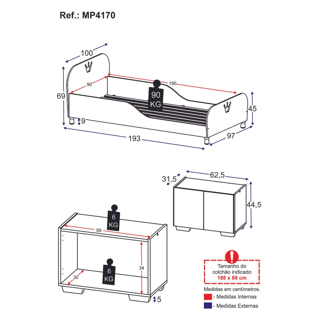 Cama Solteiro com Mesa de Cabeceira 2 Portas Multimóveis MP4170 Branca