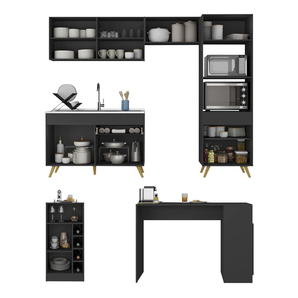 Armário de Cozinha com Bancada/Mesa Gourmet Veneza Multimóveis MP2174 Preto/Dourado