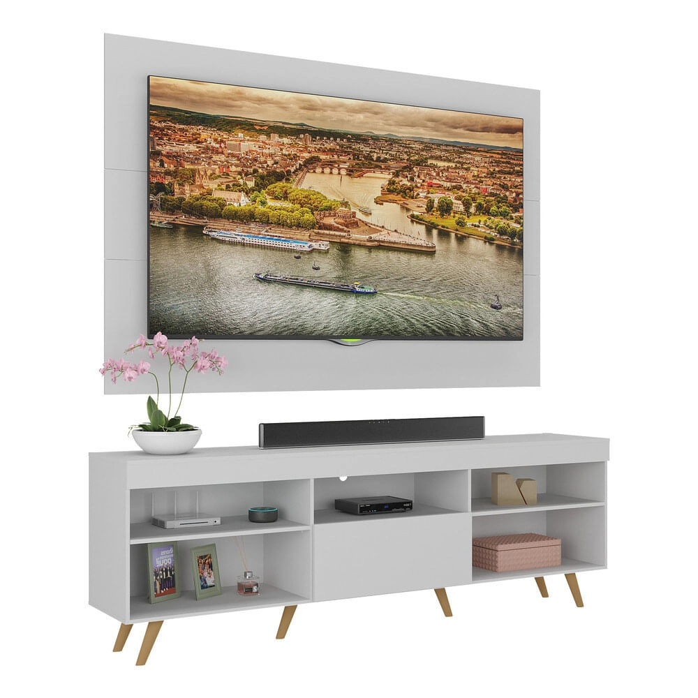 Rack Retrô com Painel e Suporte TV até 65 Polegadas Miami Multimóveis MP1061 Branco/Natural