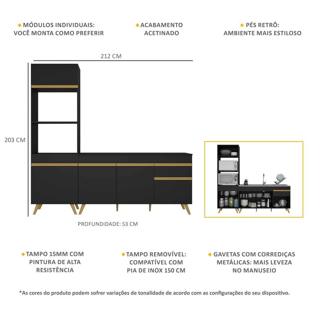 Armário de Cozinha Compacta Veneza Multimóveis MP2078 e Balcão Preta