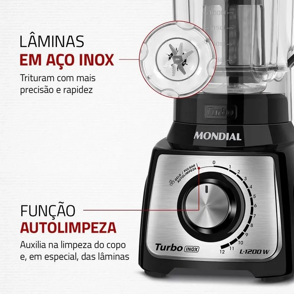 Liquidificador Mondial Turbo Black L-1200 BI 1200W 12 Velocidades Preto/Inox 220V