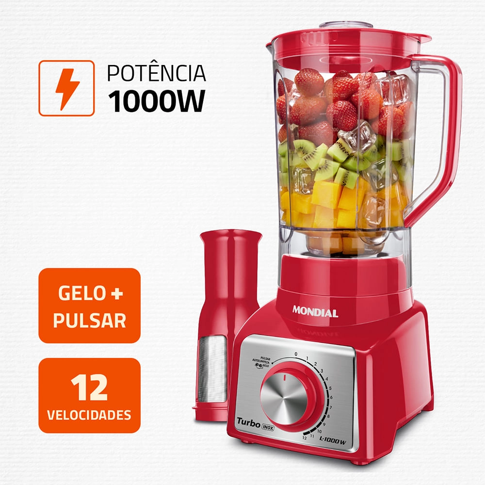 Liquidificador Turbo Mondial  Inox Red L-1000 RI LIQUIDIFICADOR-220V-VERMELHO/INOX