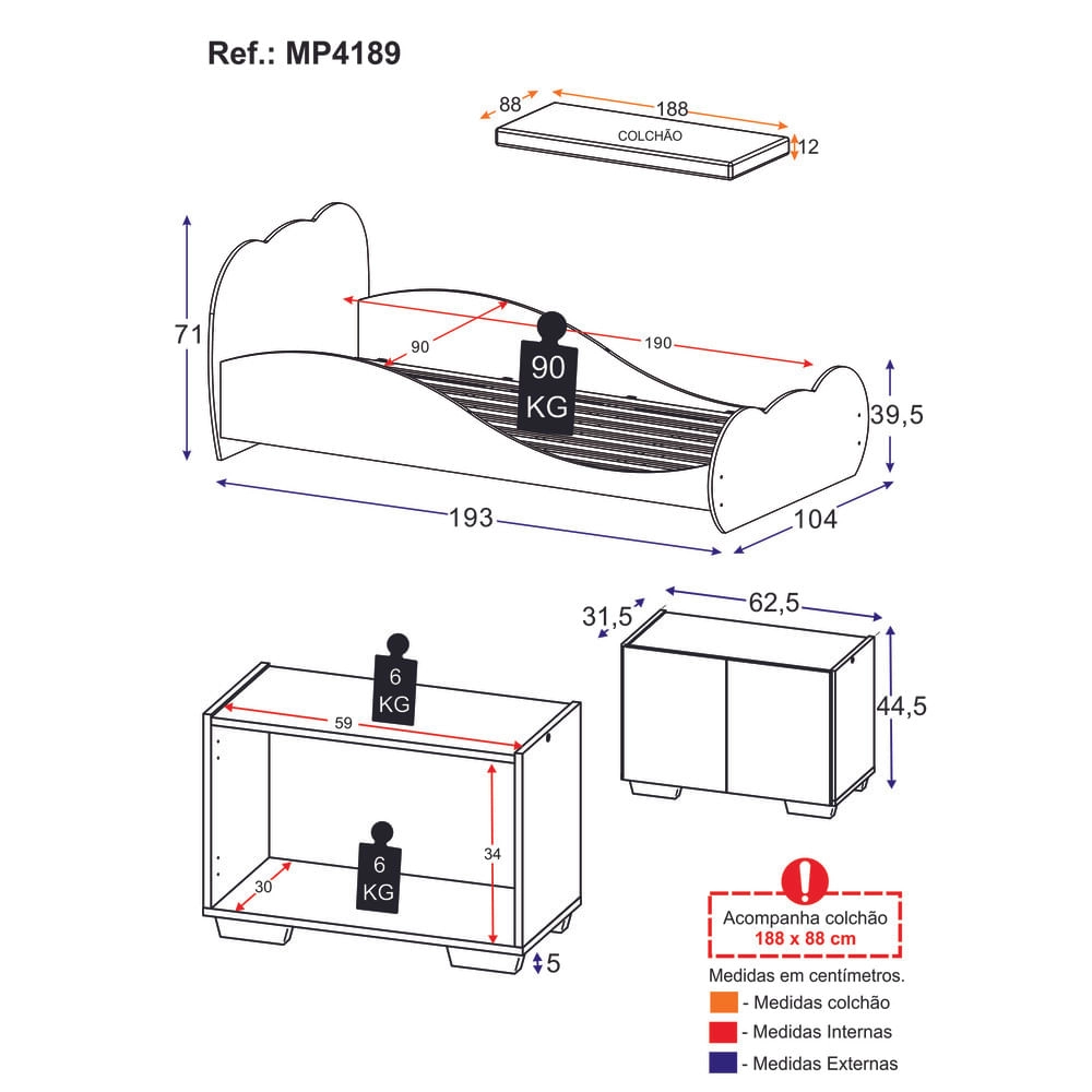 Cama Solteiro 100% MDF com Colchão Incluso e Mesa de Cabeceira 2 Portas Multimóveis MP4189 Branca