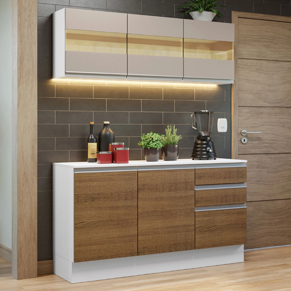 Cozinha Compacta 100% MDF Madesa Smart 120 cm Modulada Com Balcão e Tampo Branco/Rustic/Crema Cor:Branco/Rustic/Crema