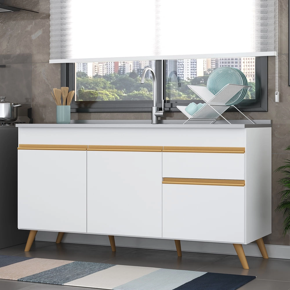 Balcão Cozinha Gabinete Pia 150 cm 3 Portas 1 Gaveta Veneza Multimóveis MP2072 Branco