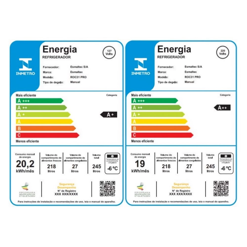 Geladeira Esmaltec Cycle Defrost ROC31 PRO Inverter 245L Branco 220V