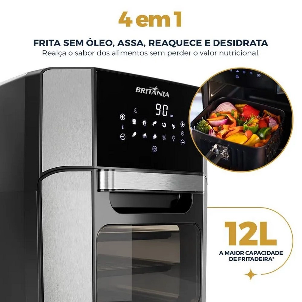 Fritadeira Elétrica Britânia Air Fryer OVEN BFR2100P 12L 1800W  4 em 1 Preto e Inox 220V